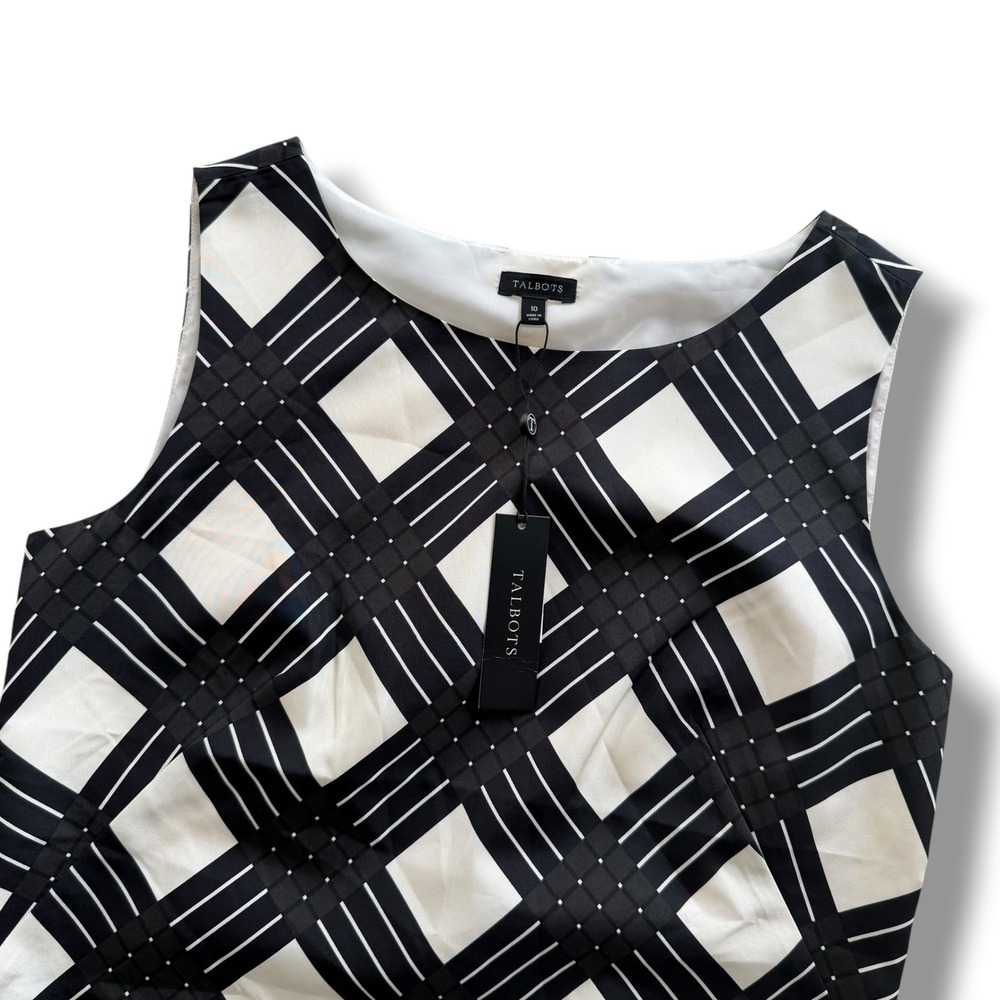 Talbots Sz 10 Black Ivory Plaid 100% Silk Sleeveless Shell Blouse Top NWT Preppy